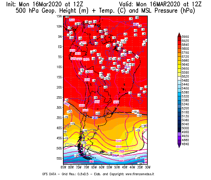 Mappa di analisi GFS - Geopotenziale [m] + Temp. [°C] a 500 hPa + Press. a livello del mare [hPa] in Sud-America
									del 16/03/2020 12 <!--googleoff: index-->UTC<!--googleon: index-->
