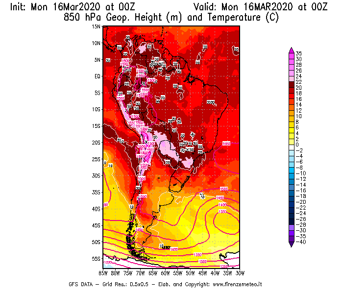 Mappa di analisi GFS - Geopotenziale [m] e Temperatura [°C] a 850 hPa in Sud-America
									del 16/03/2020 00 <!--googleoff: index-->UTC<!--googleon: index-->