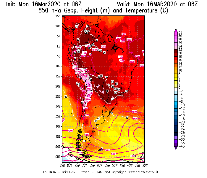 Mappa di analisi GFS - Geopotenziale [m] e Temperatura [°C] a 850 hPa in Sud-America
							del 16/03/2020 06 <!--googleoff: index-->UTC<!--googleon: index-->
