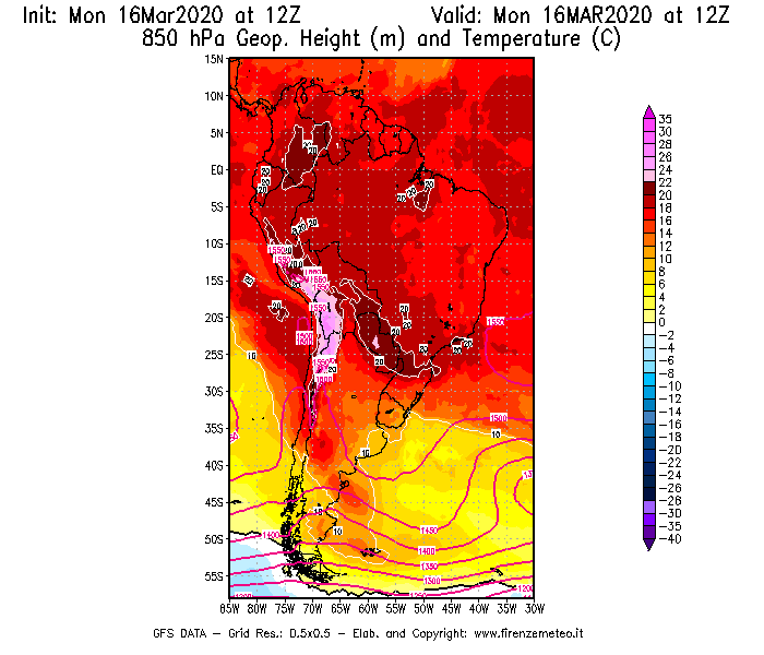 Mappa di analisi GFS - Geopotenziale [m] e Temperatura [°C] a 850 hPa in Sud-America
							del 16/03/2020 12 <!--googleoff: index-->UTC<!--googleon: index-->