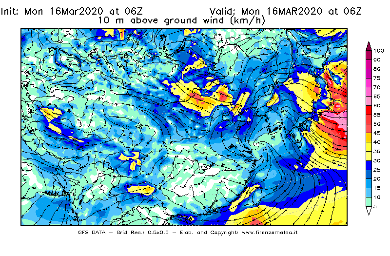 Mappa di analisi GFS - Velocità del vento a 10 metri dal suolo [km/h] in Asia Orientale
									del 16/03/2020 06 <!--googleoff: index-->UTC<!--googleon: index-->