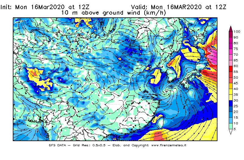 Mappa di analisi GFS - Velocità del vento a 10 metri dal suolo [km/h] in Asia Orientale
							del 16/03/2020 12 <!--googleoff: index-->UTC<!--googleon: index-->