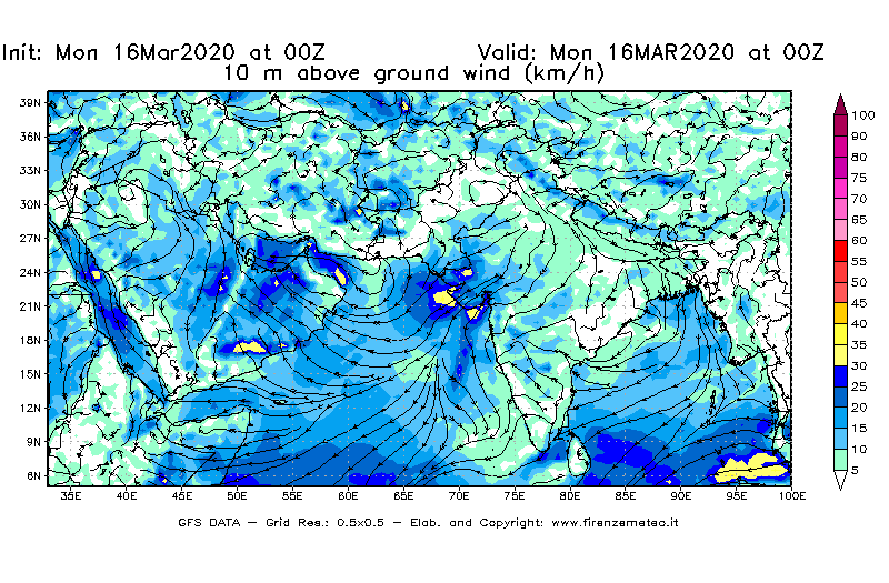 Mappa di analisi GFS - Velocità del vento a 10 metri dal suolo [km/h] in Asia Sud-Occidentale
									del 16/03/2020 00 <!--googleoff: index-->UTC<!--googleon: index-->