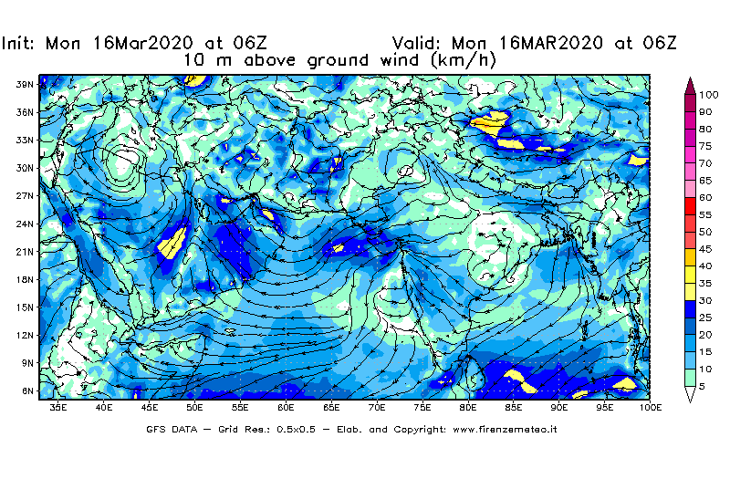 Mappa di analisi GFS - Velocità del vento a 10 metri dal suolo [km/h] in Asia Sud-Occidentale
							del 16/03/2020 06 <!--googleoff: index-->UTC<!--googleon: index-->
