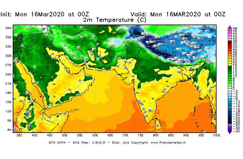 Mappa di analisi GFS - Temperatura a 2 metri dal suolo [°C] in Asia Sud-Occidentale
									del 16/03/2020 00 <!--googleoff: index-->UTC<!--googleon: index-->