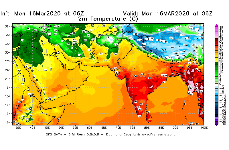 Mappa di analisi GFS - Temperatura a 2 metri dal suolo [°C] in Asia Sud-Occidentale
							del 16/03/2020 06 <!--googleoff: index-->UTC<!--googleon: index-->