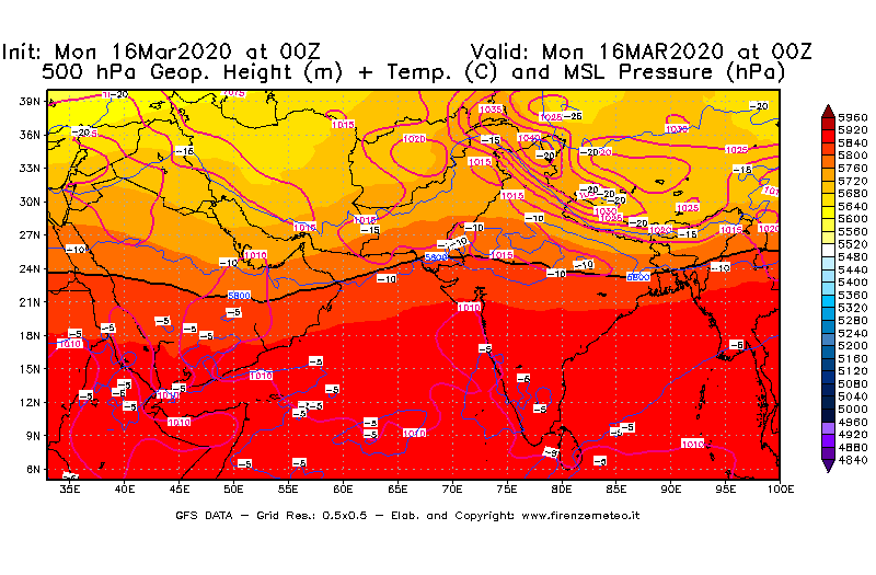 Mappa di analisi GFS - Geopotenziale [m] + Temp. [°C] a 500 hPa + Press. a livello del mare [hPa] in Asia Sud-Occidentale
							del 16/03/2020 00 <!--googleoff: index-->UTC<!--googleon: index-->