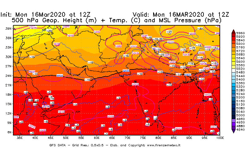 Mappa di analisi GFS - Geopotenziale [m] + Temp. [°C] a 500 hPa + Press. a livello del mare [hPa] in Asia Sud-Occidentale
									del 16/03/2020 12 <!--googleoff: index-->UTC<!--googleon: index-->