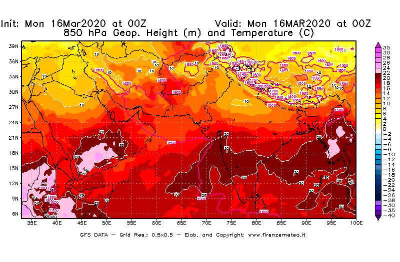Mappa di analisi GFS - Geopotenziale [m] e Temperatura [°C] a 850 hPa in Asia Sud-Occidentale
							del 16/03/2020 00 <!--googleoff: index-->UTC<!--googleon: index-->