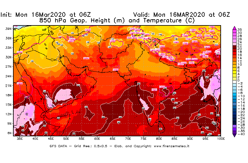 Mappa di analisi GFS - Geopotenziale [m] e Temperatura [°C] a 850 hPa in Asia Sud-Occidentale
							del 16/03/2020 06 <!--googleoff: index-->UTC<!--googleon: index-->