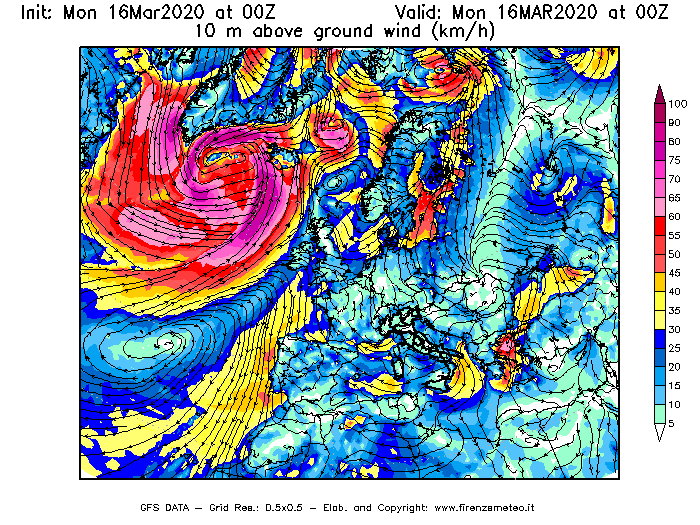 Mappa di analisi GFS - Velocità del vento a 10 metri dal suolo [km/h] in Europa
									del 16/03/2020 00 <!--googleoff: index-->UTC<!--googleon: index-->
