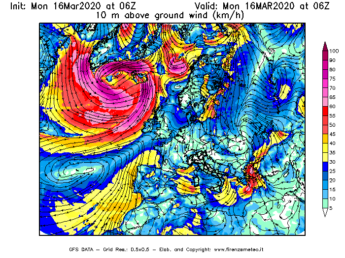 Mappa di analisi GFS - Velocità del vento a 10 metri dal suolo [km/h] in Europa
							del 16/03/2020 06 <!--googleoff: index-->UTC<!--googleon: index-->