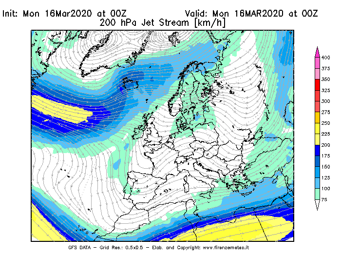 Mappa di analisi GFS - Jet Stream a 200 hPa in Europa
									del 16/03/2020 00 <!--googleoff: index-->UTC<!--googleon: index-->