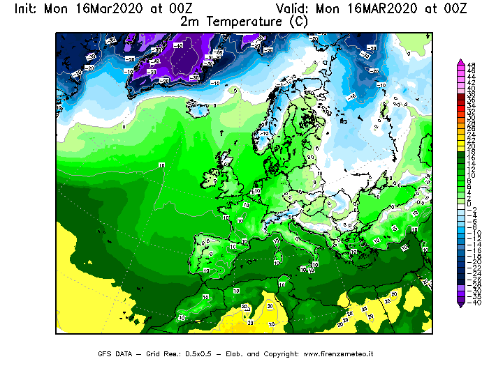 Mappa di analisi GFS - Temperatura a 2 metri dal suolo [°C] in Europa
							del 16/03/2020 00 <!--googleoff: index-->UTC<!--googleon: index-->