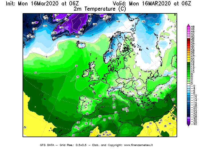 Mappa di analisi GFS - Temperatura a 2 metri dal suolo [°C] in Europa
									del 16/03/2020 06 <!--googleoff: index-->UTC<!--googleon: index-->