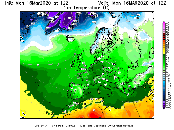 Mappa di analisi GFS - Temperatura a 2 metri dal suolo [°C] in Europa
									del 16/03/2020 12 <!--googleoff: index-->UTC<!--googleon: index-->