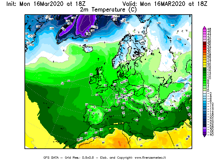 Mappa di analisi GFS - Temperatura a 2 metri dal suolo [°C] in Europa
									del 16/03/2020 18 <!--googleoff: index-->UTC<!--googleon: index-->