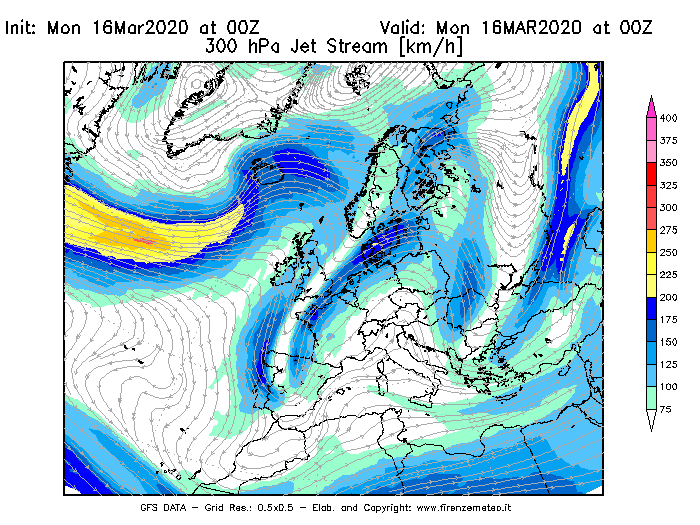 Mappa di analisi GFS - Jet Stream a 300 hPa in Europa
									del 16/03/2020 00 <!--googleoff: index-->UTC<!--googleon: index-->