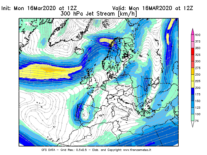 Mappa di analisi GFS - Jet Stream a 300 hPa in Europa
							del 16/03/2020 12 <!--googleoff: index-->UTC<!--googleon: index-->