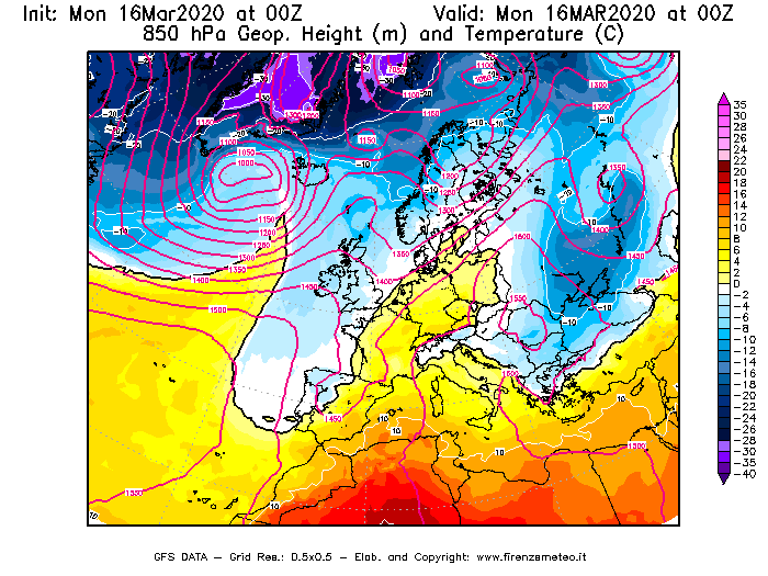 Mappa di analisi GFS - Geopotenziale [m] e Temperatura [°C] a 850 hPa in Europa
							del 16/03/2020 00 <!--googleoff: index-->UTC<!--googleon: index-->