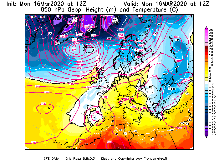 Mappa di analisi GFS - Geopotenziale [m] e Temperatura [°C] a 850 hPa in Europa
							del 16/03/2020 12 <!--googleoff: index-->UTC<!--googleon: index-->