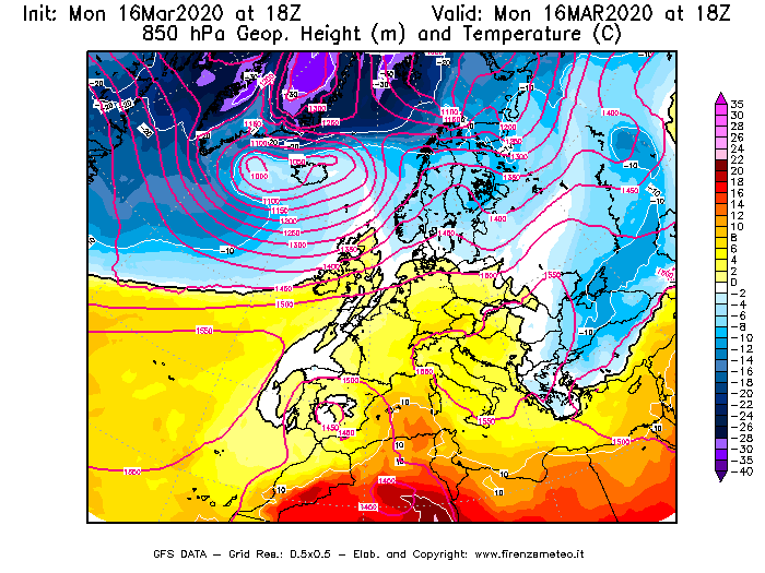 Mappa di analisi GFS - Geopotenziale [m] e Temperatura [°C] a 850 hPa in Europa
									del 16/03/2020 18 <!--googleoff: index-->UTC<!--googleon: index-->