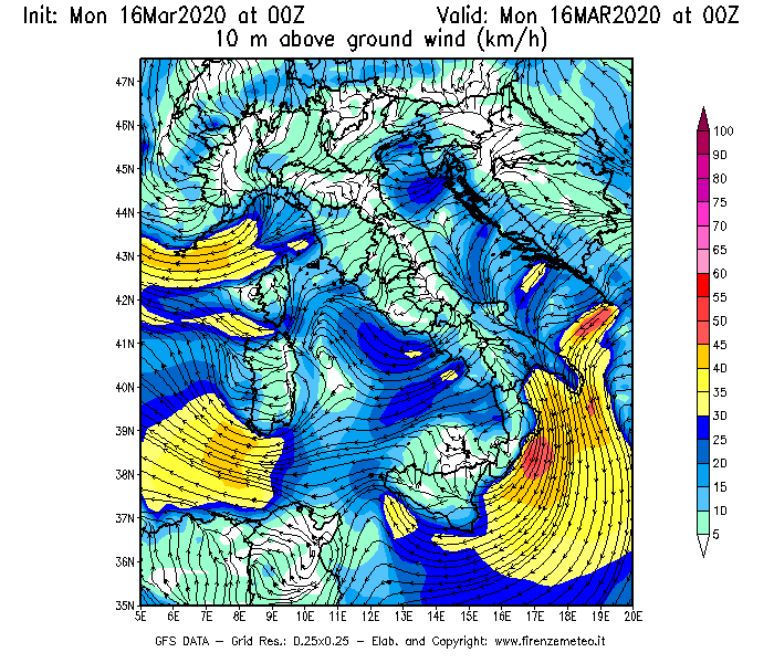 Mappa di analisi GFS - Velocità del vento a 10 metri dal suolo [km/h] in Italia
									del 16/03/2020 00 <!--googleoff: index-->UTC<!--googleon: index-->