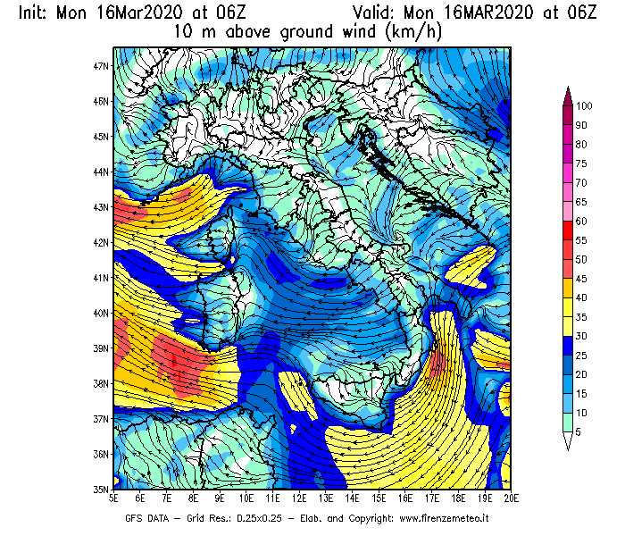 Mappa di analisi GFS - Velocità del vento a 10 metri dal suolo [km/h] in Italia
									del 16/03/2020 06 <!--googleoff: index-->UTC<!--googleon: index-->