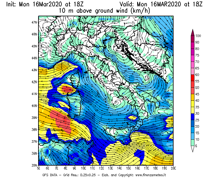 Mappa di analisi GFS - Velocità del vento a 10 metri dal suolo [km/h] in Italia
							del 16/03/2020 18 <!--googleoff: index-->UTC<!--googleon: index-->