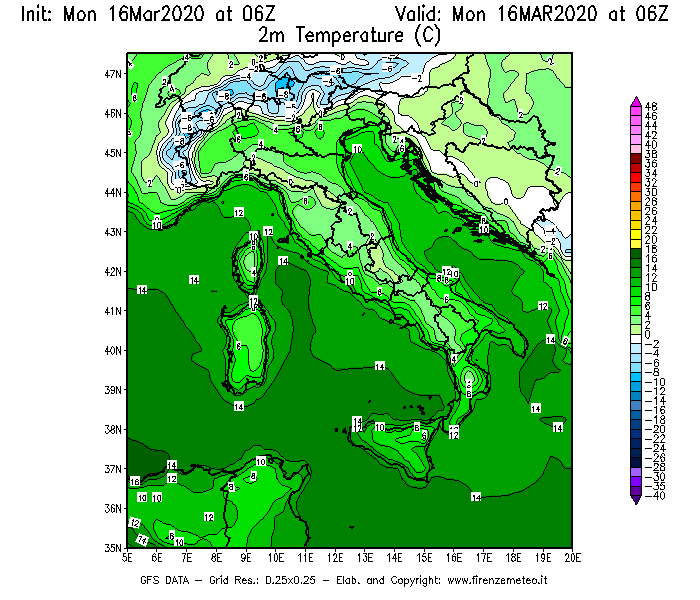 Mappa di analisi GFS - Temperatura a 2 metri dal suolo [°C] in Italia
									del 16/03/2020 06 <!--googleoff: index-->UTC<!--googleon: index-->