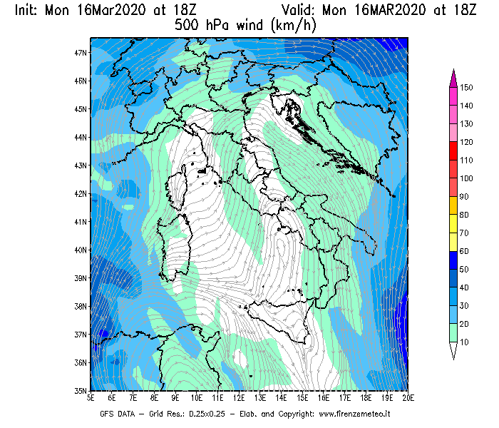 Mappa di analisi GFS - Velocità del vento a 500 hPa [km/h] in Italia
									del 16/03/2020 18 <!--googleoff: index-->UTC<!--googleon: index-->