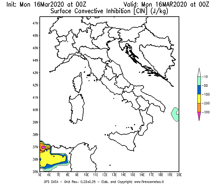 Mappa di analisi GFS - CIN [J/kg] in Italia
									del 16/03/2020 00 <!--googleoff: index-->UTC<!--googleon: index-->