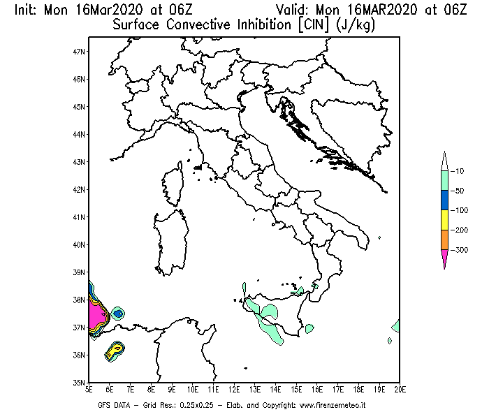Mappa di analisi GFS - CIN [J/kg] in Italia
							del 16/03/2020 06 <!--googleoff: index-->UTC<!--googleon: index-->