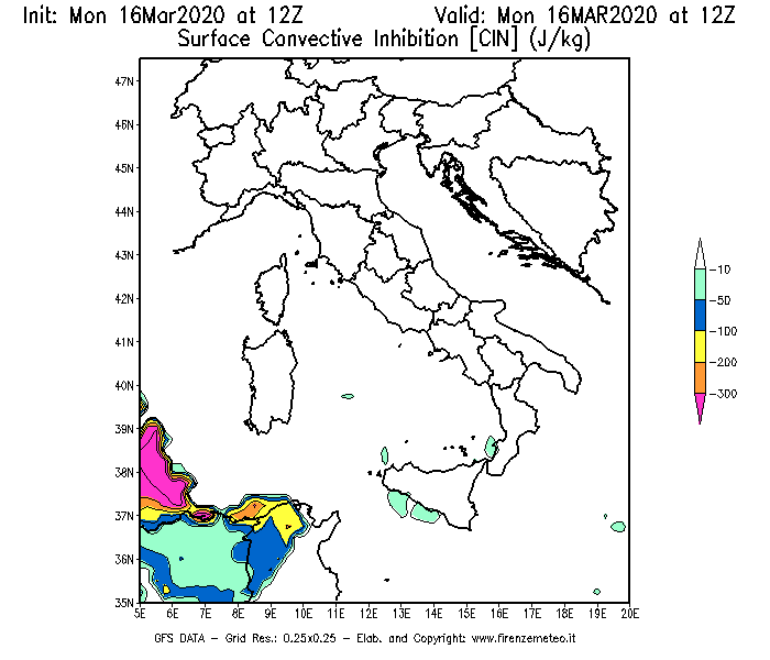 Mappa di analisi GFS - CIN [J/kg] in Italia
									del 16/03/2020 12 <!--googleoff: index-->UTC<!--googleon: index-->