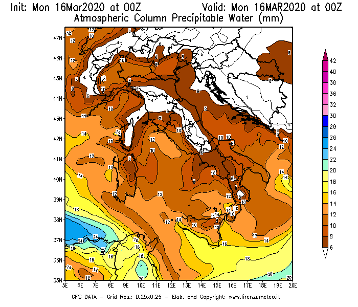Mappa di analisi GFS - Precipitable Water [mm] in Italia
							del 16/03/2020 00 <!--googleoff: index-->UTC<!--googleon: index-->
