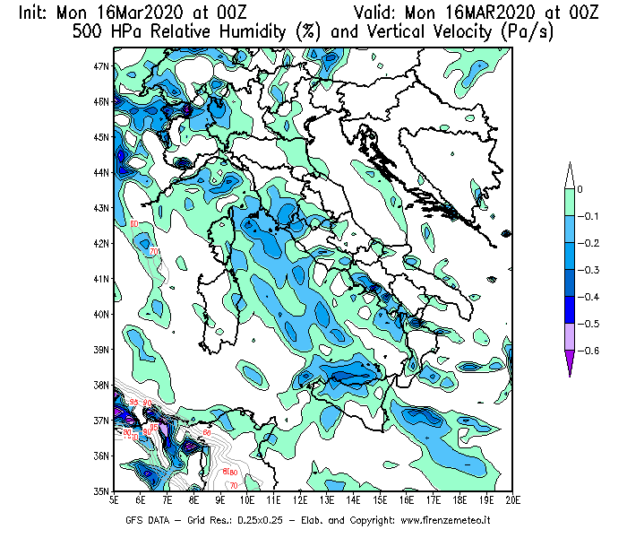 Mappa di analisi GFS - Umidità relativa [%] e Omega [Pa/s] a 500 hPa in Italia
									del 16/03/2020 00 <!--googleoff: index-->UTC<!--googleon: index-->