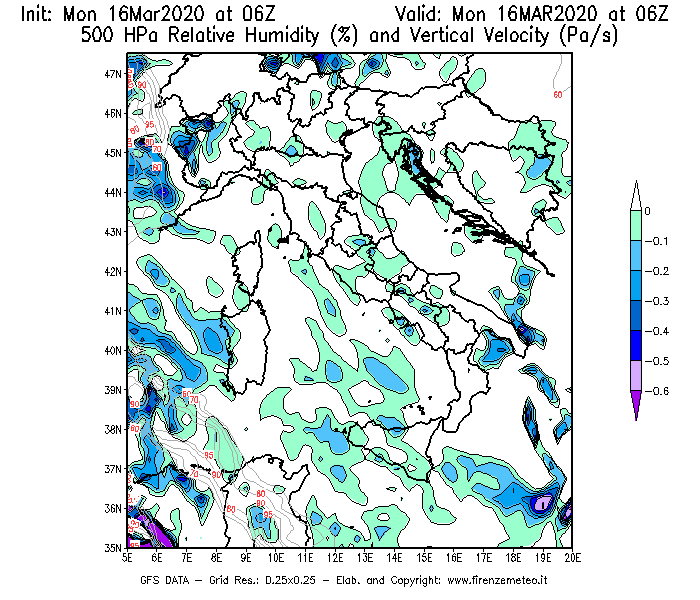 Mappa di analisi GFS - Umidità relativa [%] e Omega [Pa/s] a 500 hPa in Italia
							del 16/03/2020 06 <!--googleoff: index-->UTC<!--googleon: index-->