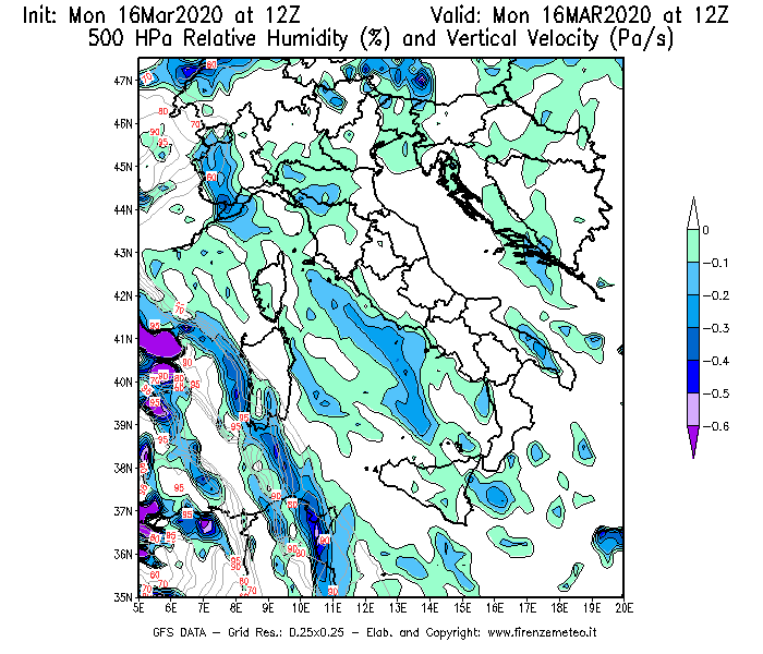 Mappa di analisi GFS - Umidità relativa [%] e Omega [Pa/s] a 500 hPa in Italia
							del 16/03/2020 12 <!--googleoff: index-->UTC<!--googleon: index-->