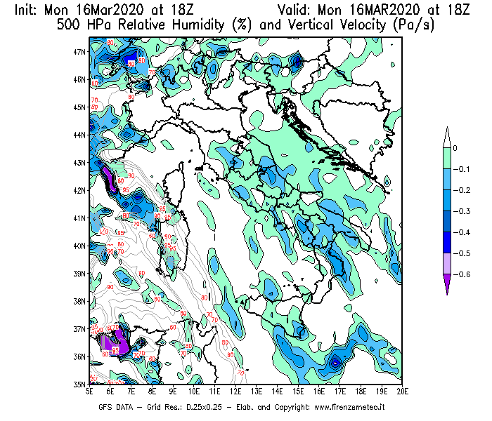 Mappa di analisi GFS - Umidità relativa [%] e Omega [Pa/s] a 500 hPa in Italia
							del 16/03/2020 18 <!--googleoff: index-->UTC<!--googleon: index-->