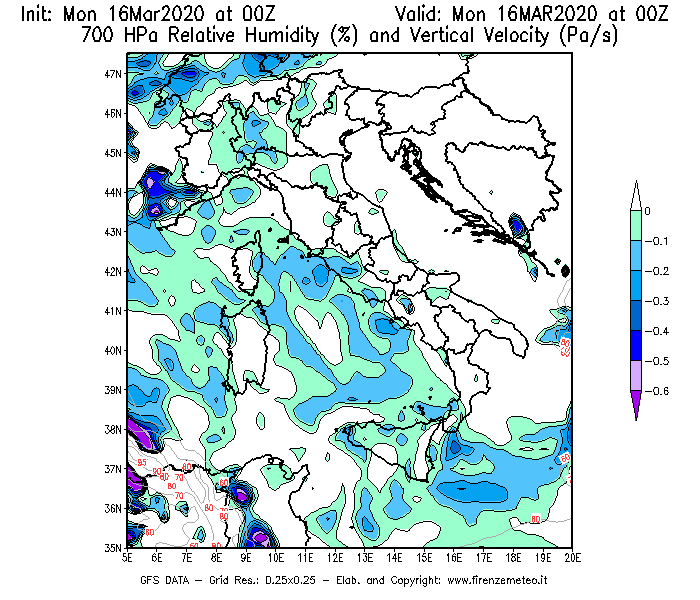 Mappa di analisi GFS - Umidità relativa [%] e Omega [Pa/s] a 700 hPa in Italia
							del 16/03/2020 00 <!--googleoff: index-->UTC<!--googleon: index-->