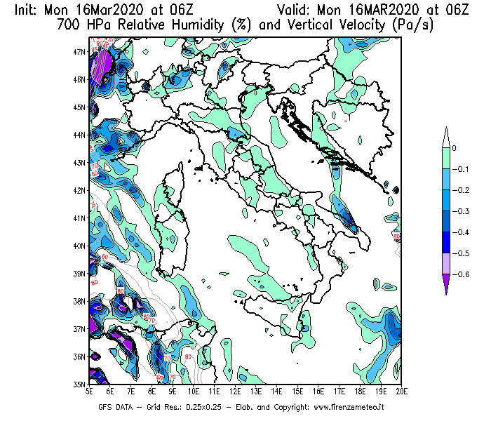 Mappa di analisi GFS - Umidità relativa [%] e Omega [Pa/s] a 700 hPa in Italia
							del 16/03/2020 06 <!--googleoff: index-->UTC<!--googleon: index-->