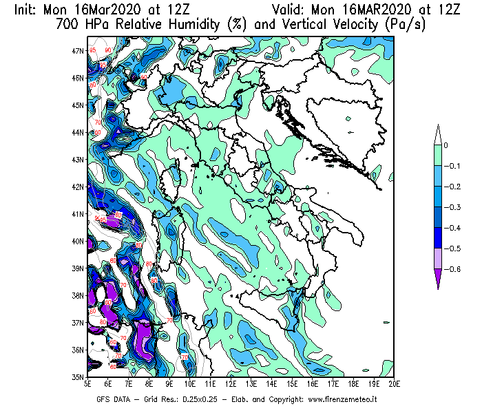 Mappa di analisi GFS - Umidità relativa [%] e Omega [Pa/s] a 700 hPa in Italia
							del 16/03/2020 12 <!--googleoff: index-->UTC<!--googleon: index-->
