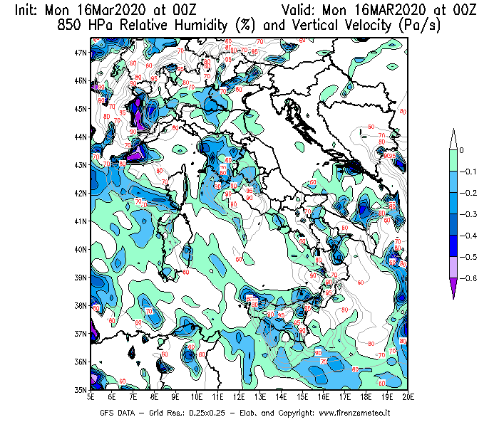 Mappa di analisi GFS - Umidità relativa [%] e Omega [Pa/s] a 850 hPa in Italia
									del 16/03/2020 00 <!--googleoff: index-->UTC<!--googleon: index-->