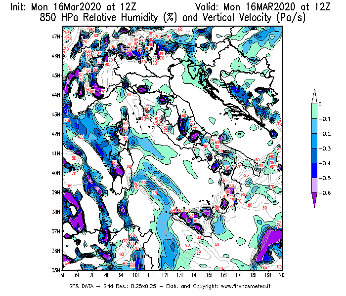 Mappa di analisi GFS - Umidità relativa [%] e Omega [Pa/s] a 850 hPa in Italia
							del 16/03/2020 12 <!--googleoff: index-->UTC<!--googleon: index-->