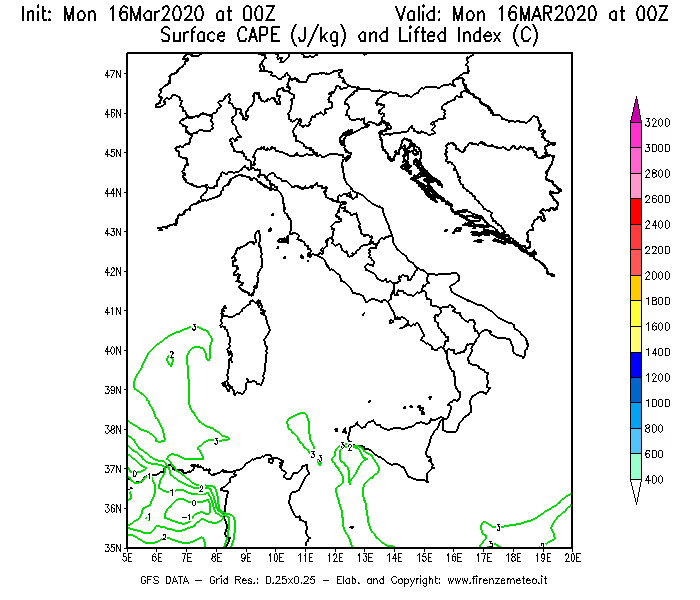 Mappa di analisi GFS - CAPE [J/kg] e Lifted Index [°C] in Italia
							del 16/03/2020 00 <!--googleoff: index-->UTC<!--googleon: index-->