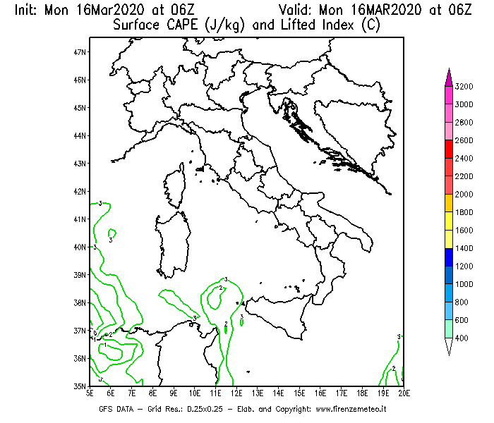 Mappa di analisi GFS - CAPE [J/kg] e Lifted Index [°C] in Italia
									del 16/03/2020 06 <!--googleoff: index-->UTC<!--googleon: index-->