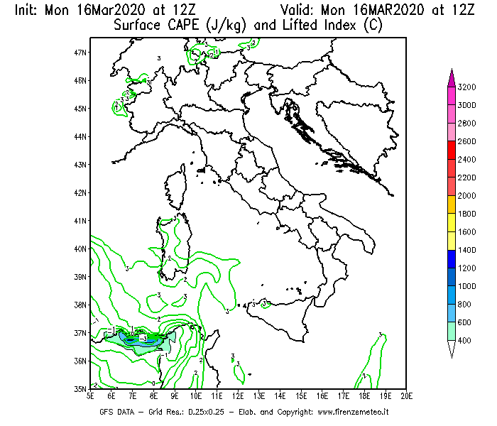 Mappa di analisi GFS - CAPE [J/kg] e Lifted Index [°C] in Italia
									del 16/03/2020 12 <!--googleoff: index-->UTC<!--googleon: index-->