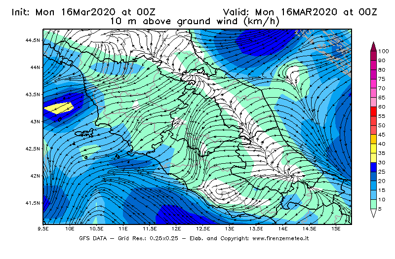 Mappa di analisi GFS - Velocità del vento a 10 metri dal suolo [km/h] in Centro-Italia
									del 16/03/2020 00 <!--googleoff: index-->UTC<!--googleon: index-->