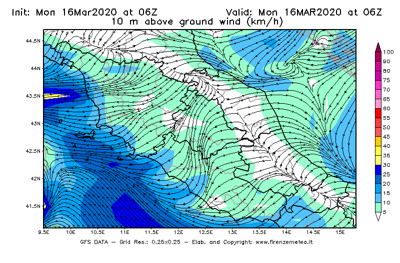 Mappa di analisi GFS - Velocità del vento a 10 metri dal suolo [km/h] in Centro-Italia
									del 16/03/2020 06 <!--googleoff: index-->UTC<!--googleon: index-->