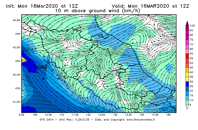 Mappa di analisi GFS - Velocità del vento a 10 metri dal suolo [km/h] in Centro-Italia
							del 16/03/2020 12 <!--googleoff: index-->UTC<!--googleon: index-->